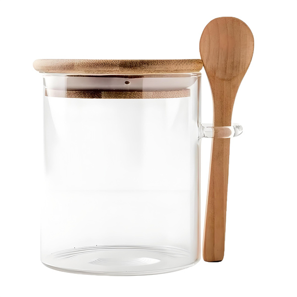 Round high borosilicate glass jar with bamboo lid and wooden spoon