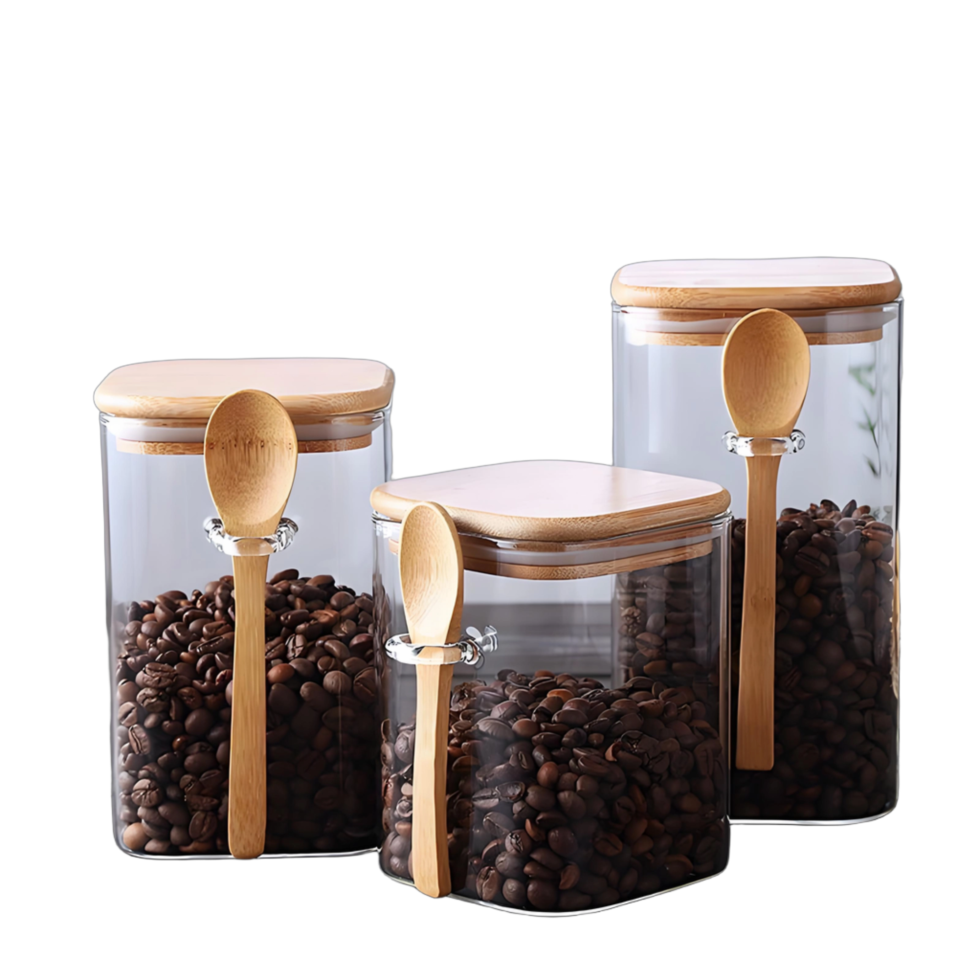 Square high borosilicate glass jar with bamboo lid and wooden spoon